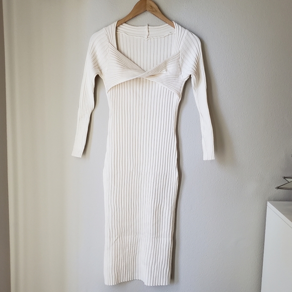 Square Neck Long Sleeve Ribbed Knit Midi Dress - Picture 8 of 15